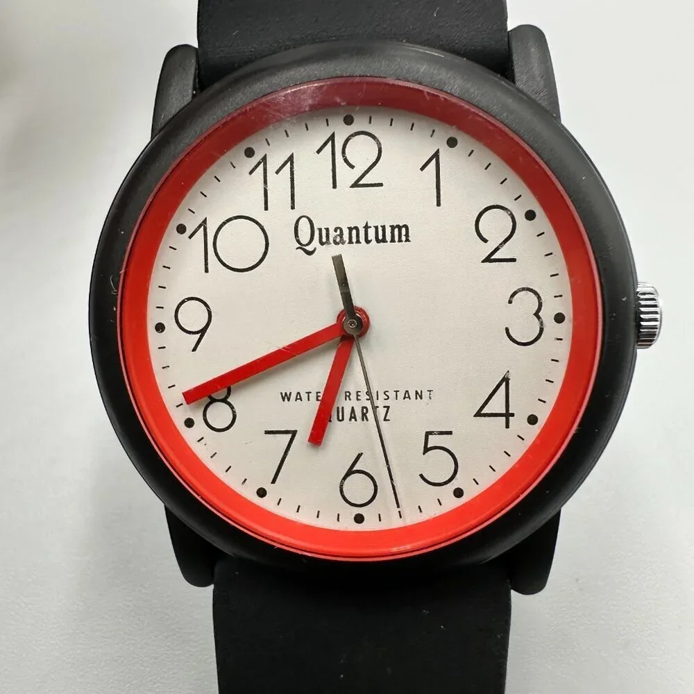 3/$30 Quantum Watch Women Black Red Round White Dial Resin Buckle Band
